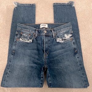 AGOLDE dark wash skinny jeans with distressed accents!!